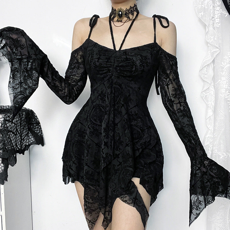 Gothic Sheer Lace Off Shoulder Irregular Hem Mini Dress