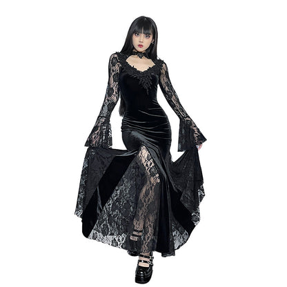 Gothic  Romantic Lace Patchwork Bell Sleeves Long Dress