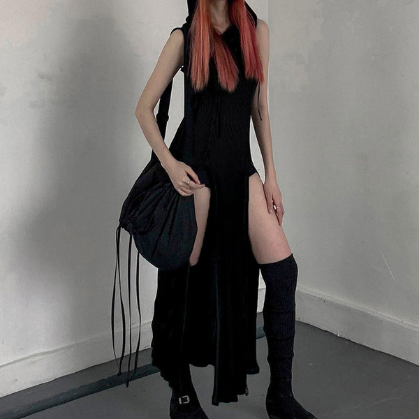 Gothic Cyberpunk Hooded High Slit Dress