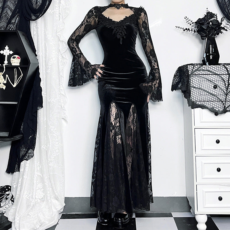 Gothic  Romantic Lace Patchwork Bell Sleeves Long Dress