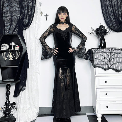 Gothic  Romantic Lace Patchwork Bell Sleeves Long Dress