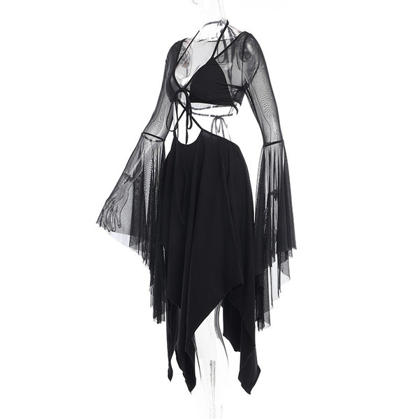 Gothic Hollow Out Flare Sleeve High Waist Fairy Dress