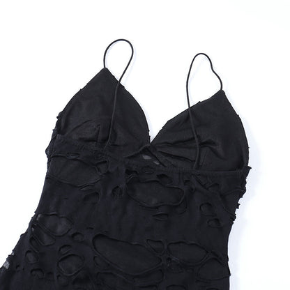 Gothic Alt Goth Tattered Mini Spaghetti Strap Mini Dress