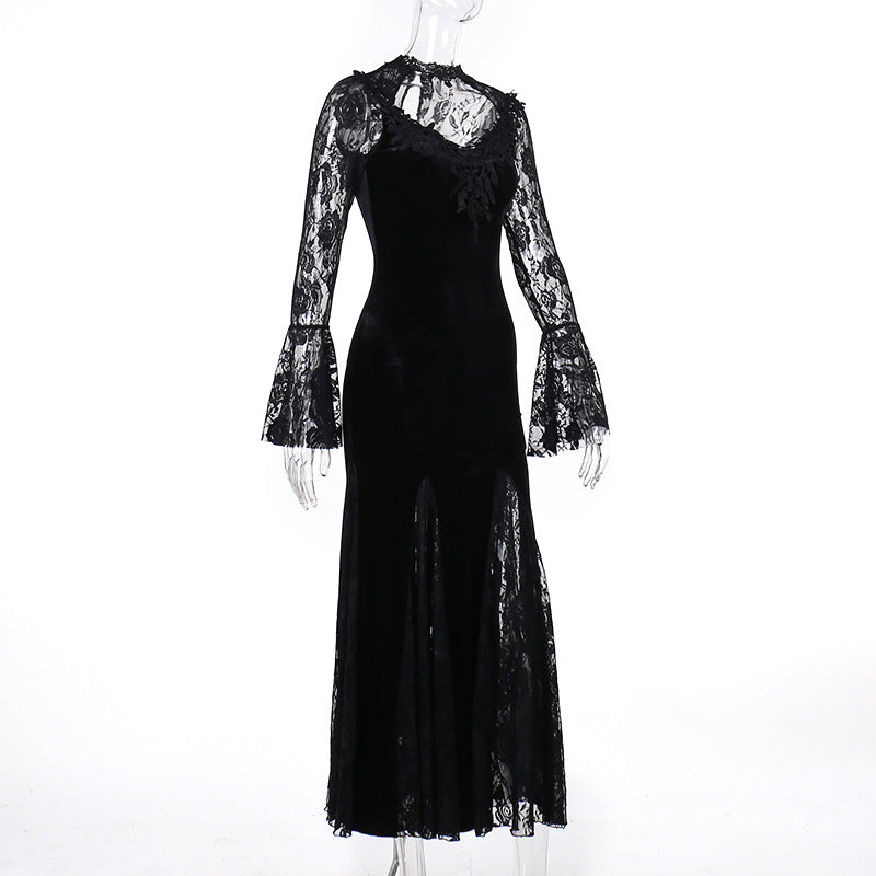 Gothic  Romantic Lace Patchwork Bell Sleeves Long Dress