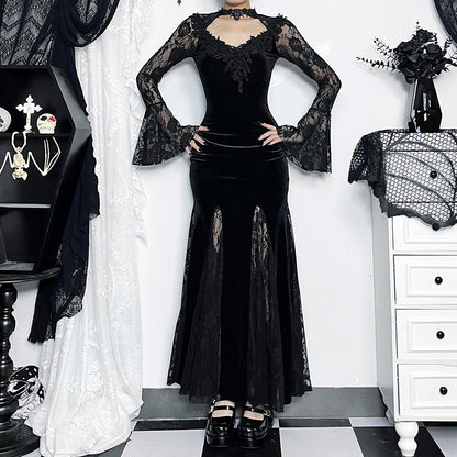 Gothic  Romantic Lace Patchwork Bell Sleeves Long Dress