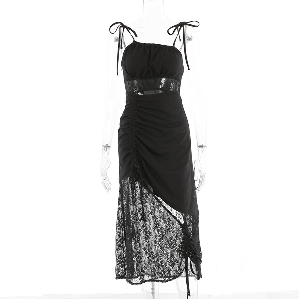 Gothic Romantic Y2K Lace Patchwork Hollow Out Ruched Dress