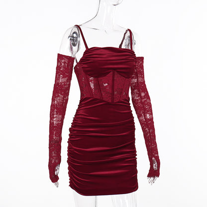 Gothic Romantic Velvet Ruched Lace Hollow Out Mini Dress