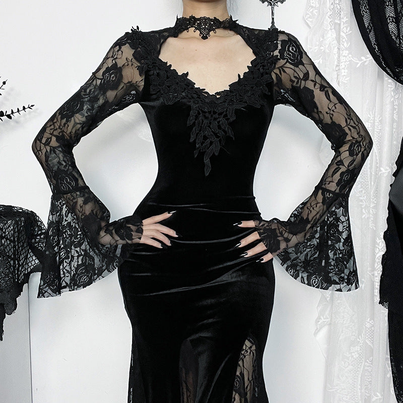 Gothic  Romantic Lace Patchwork Bell Sleeves Long Dress