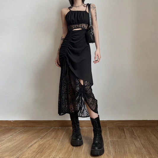 Gothic Romantic Y2K Lace Patchwork Hollow Out Ruched Dress