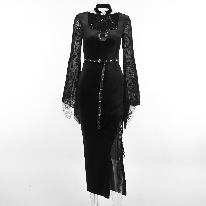 Gothic Romantic Sheer Bell Sleeves Side Slit Suede Bodycon Dress ROCK 'N DOLL Gothic Romantic Sheer Bell Sleeves Side Slit Suede Bodycon Dress ROCK 'N DOLL