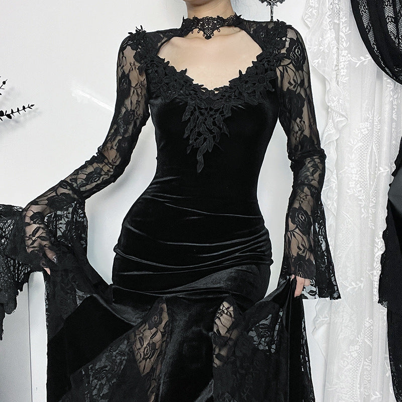 Gothic  Romantic Lace Patchwork Bell Sleeves Long Dress