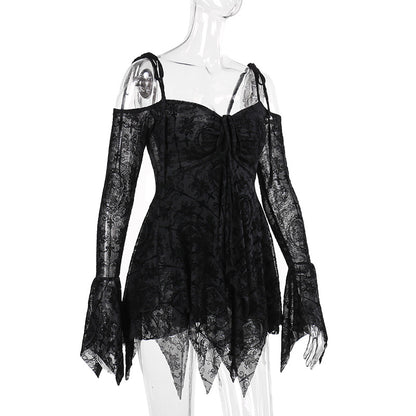Gothic Sheer Lace Off Shoulder Irregular Hem Mini Dress
