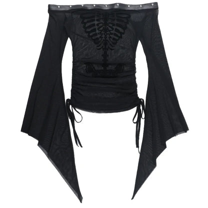 Gothic Alt Goth Off Shoulder Skeleton Print Flare Sleeve Top
