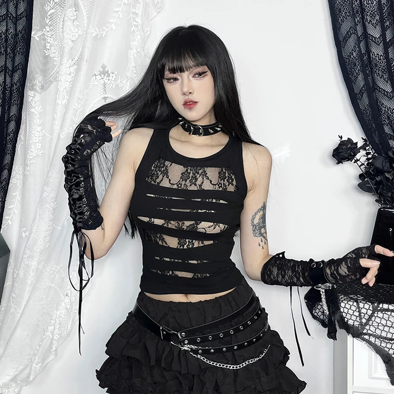 Gothic 90 s Goth Y2K See Through Lace Patchwork Camisole Top ROCK N DOLL gothic-90-s-goth-y2k-see-through-lace-patchwork-camisole-top-rock-n-doll