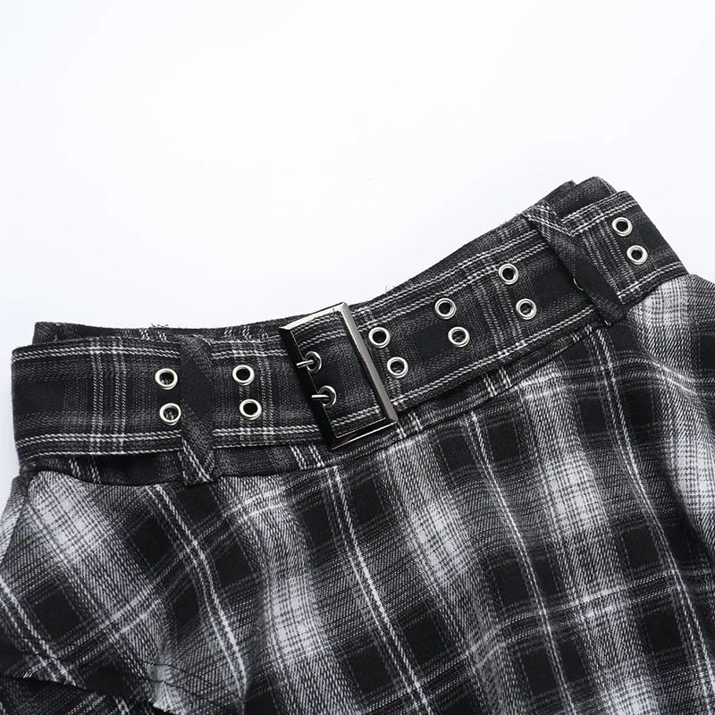 Gothic Grunge Alt Goth Harajuku Black White Plaid Irregular Hem Mini Skirt