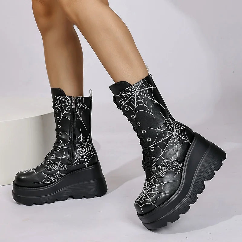 Gothic Alt Goth Halloween Spider Web Chunky Platform Mid Calf Boots