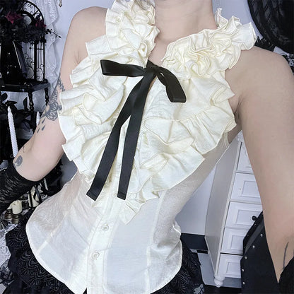 Gothic Victorian Ruffle Collar Bow Tie Sleeveless Vest Top