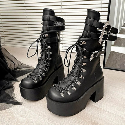 Gothic Alt Goth Bat Wings Double Buckle Lace Up Platform Boots