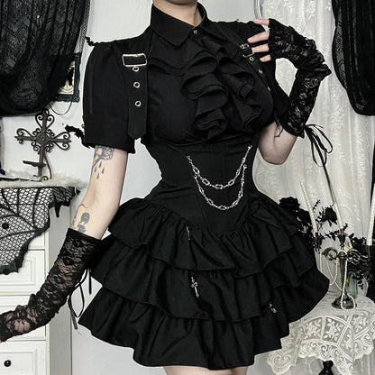 Gothic Dark Academia Goth Vintage Ruffle Short Sleeve Blouse