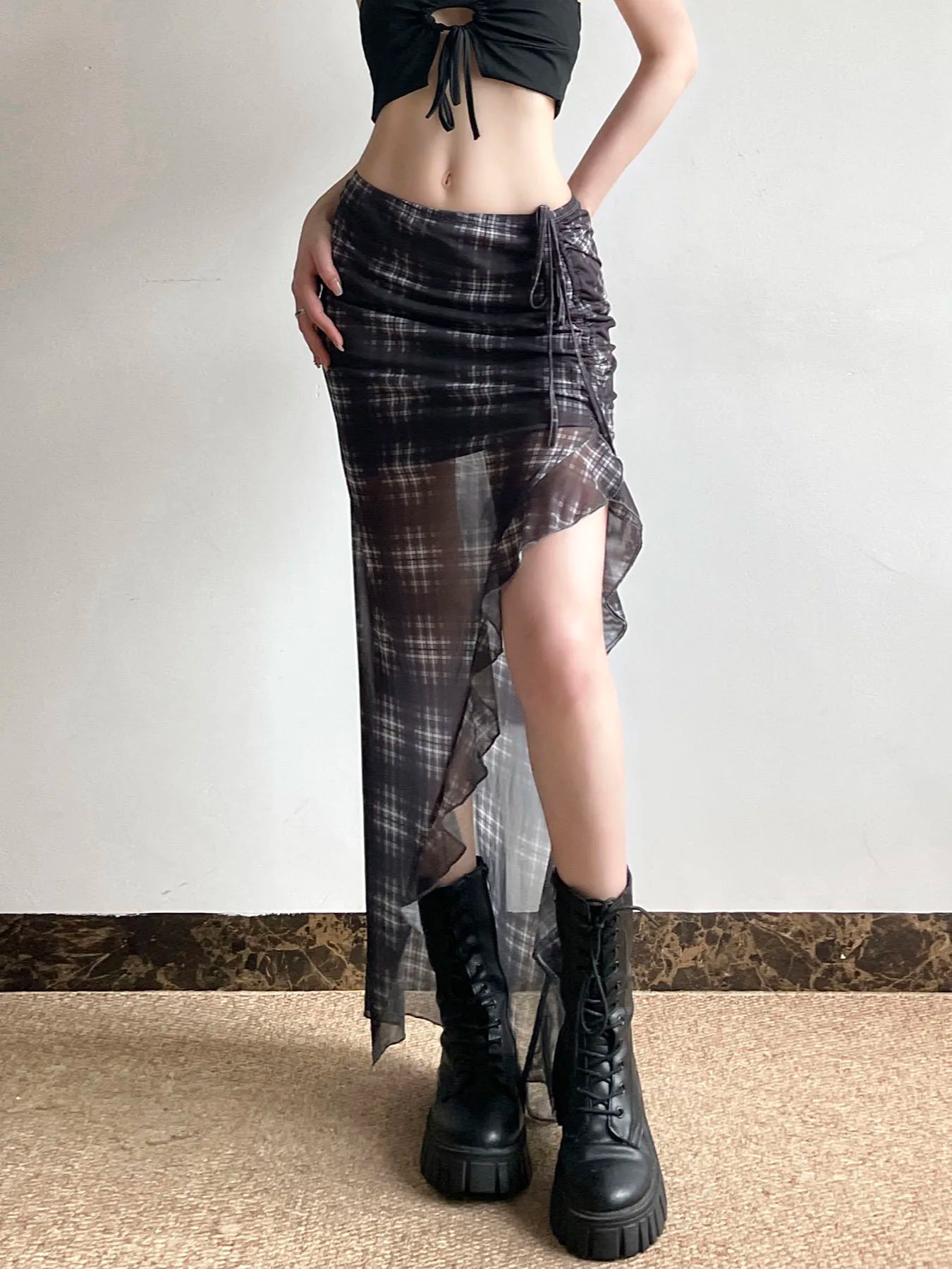 Alt Gothic Y2K Plaid Ruffles See Through Slit Skirt