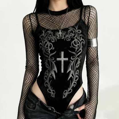 Gothic Y2K Alt Goth Cross Embroidered Fishnet Bodysuit Top
