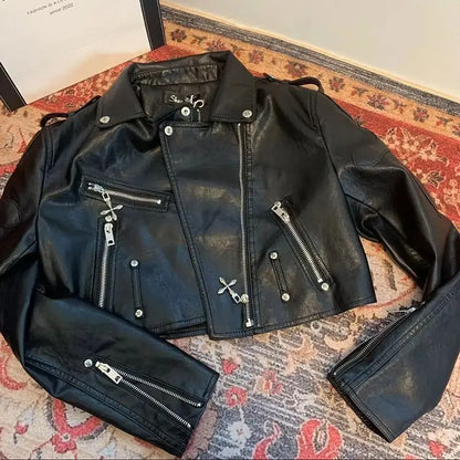 Goth Rock Cross Zipper Motorcycle Faux Leather Jacket