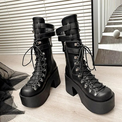 Gothic Alt Goth Bat Wings Double Buckle Lace Up Platform Boots