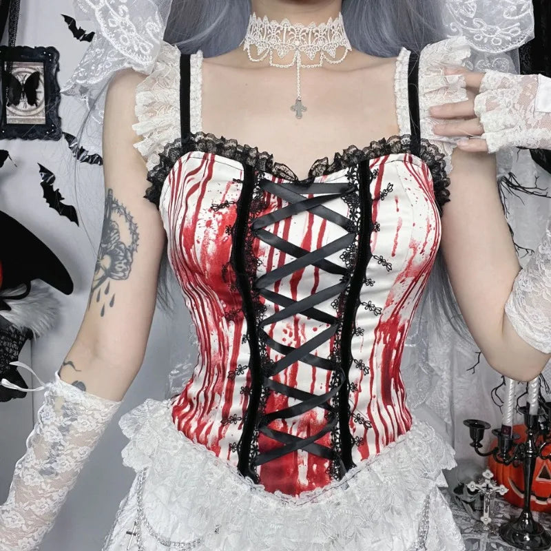 Gothic Alt Goth Halloween Blood Red Print Lace Patchwork Tank Top