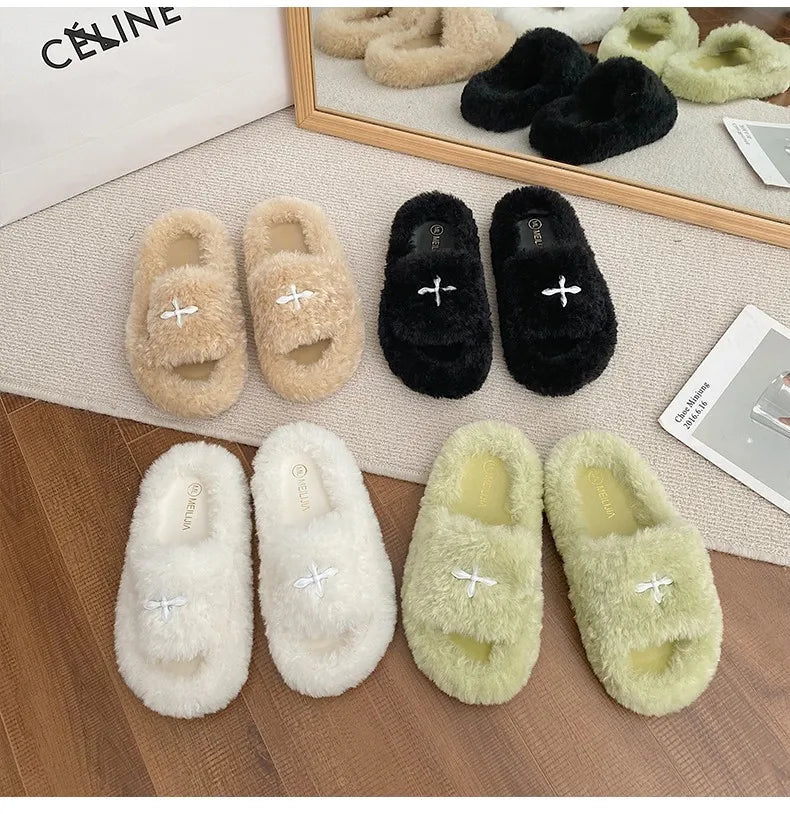 Y2K Cybergoth Faux Fur Slip On Furry Slides Slippers