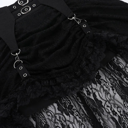 Alt Gothic Victorian Romantic Lace Mesh Irregular Hem Buckle Skirt