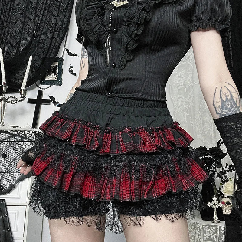 Gothic Harajuku Red Plaid Black Lace Patchwork Bloomers Shorts