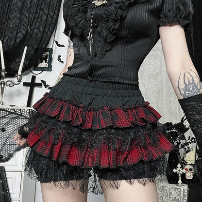 Gothic Harajuku Red Plaid Black Lace Patchwork Bloomers Shorts