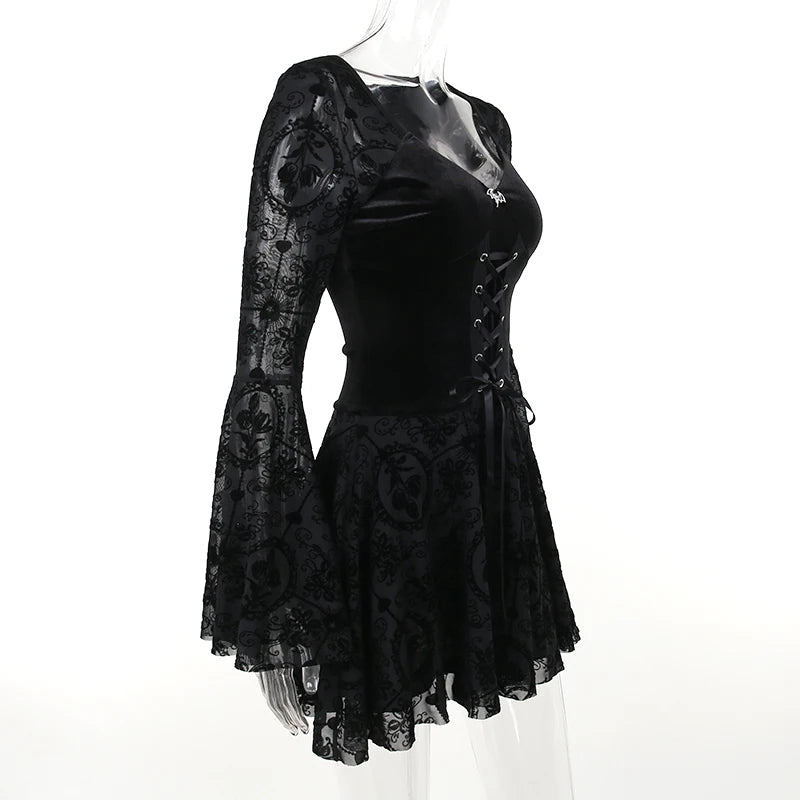 Gothic Romantic Vintage Sheer Bell Sleeves Lace Up Waist Mini Dress