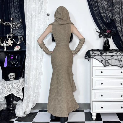 Gothic Beige Goth Hooded Bodycon Long Side Slit Dress with Arm Warmer