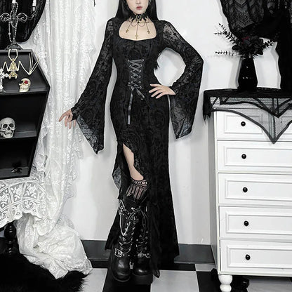 Gothic Romatic Goth Morticia Lace Up Corset Waist Sheer Flare Sleeves Dress