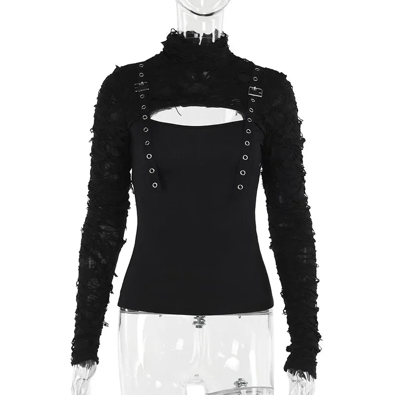 Gothic Alt Y2K Goth Buckle Straps Deconstructed Keyhole Long Sleeve Top