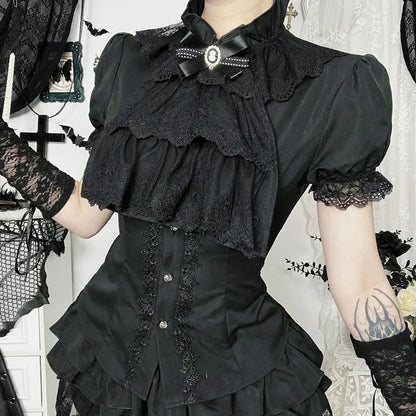 Gothic Victorian Romantic Ruffles Lace Patchwork Short Sleeve Blouse Top