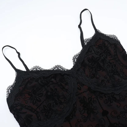 Gothic Alt Goth Dark Vintage Sheer Overlay Spaghetti Strap Dress