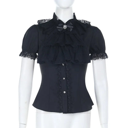Gothic Victorian Romantic Ruffles Lace Patchwork Short Sleeve Blouse Top