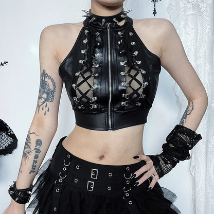 Alt Gothic Lace Up Zip Up Crop Tank Top Vest