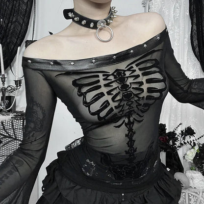Gothic Alt Goth Off Shoulder Skeleton Print Flare Sleeve Top