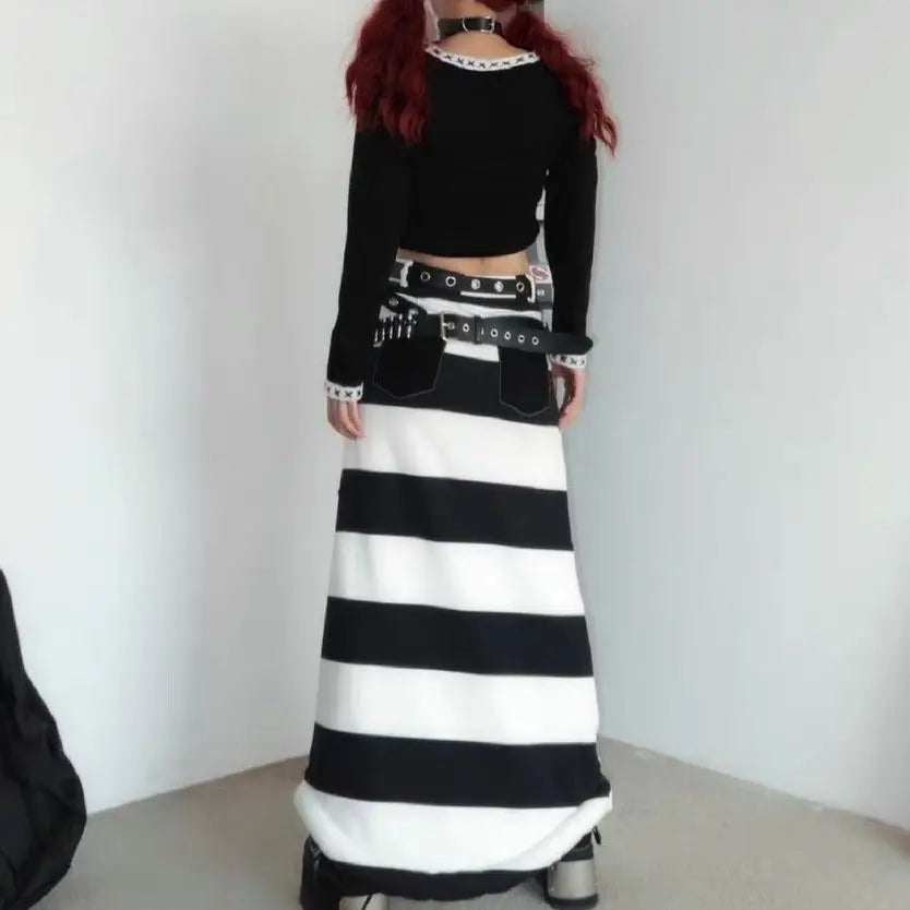 Alt Gothic Y2K Harajuku Black White Stripes Skull Patchwork Straight Tube Long Skirt