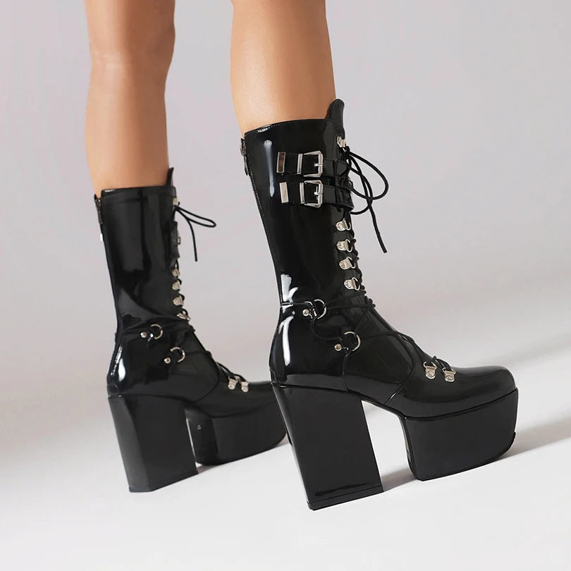 Gothic Alt Goth Lace Up Double Buckles Square Toe Platform Boots
