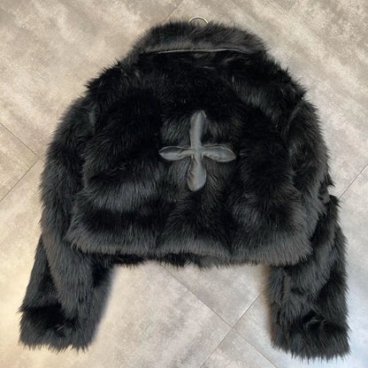 Gothic Alt Goth Y2K Cross Patch Faux Fur Jacket Coat (available in 2 colors)