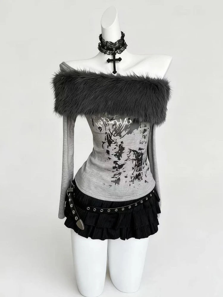 Gothic Y2K Off Shoulder Faux Fur Collar Printed Top (available in 2 colors)