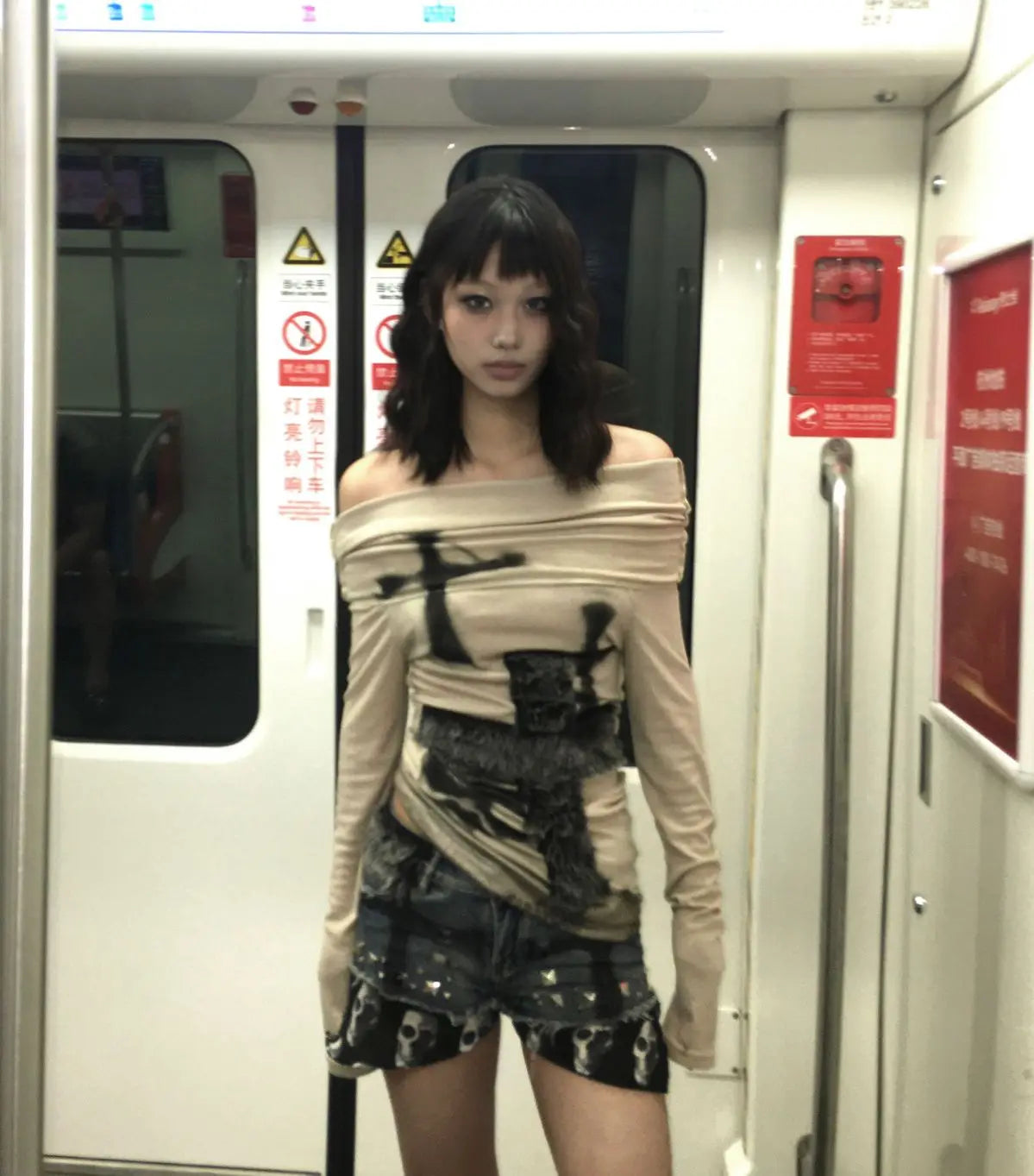 Gothic Y2K Alt Goth Skull Cross Faux Fur Patchwork Off Shoulder Long Sleeve Top