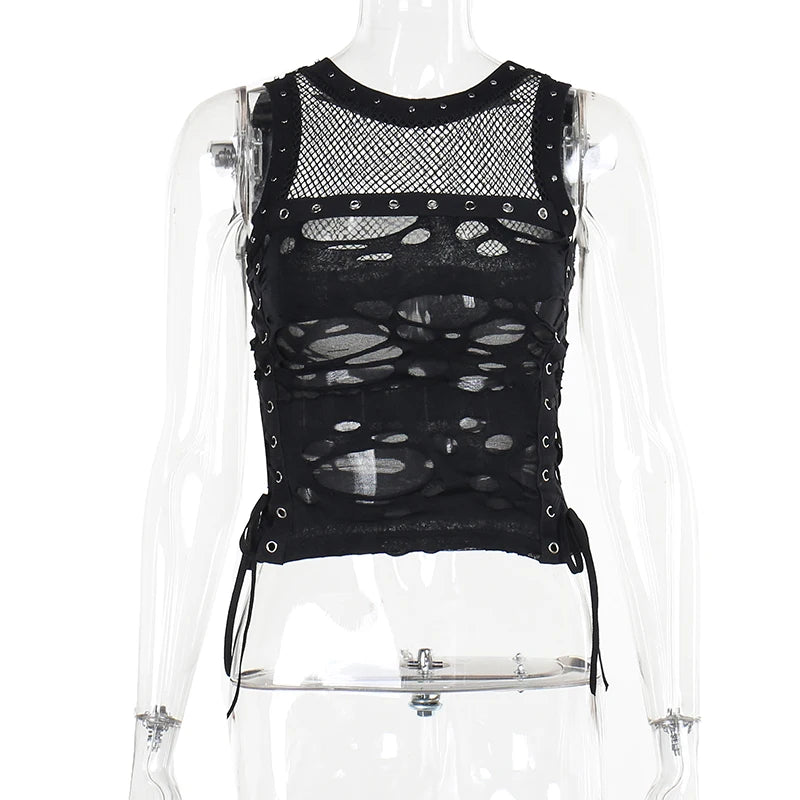 Gothic Y2K Distressed Fishnet Grommet Sleeveless Top