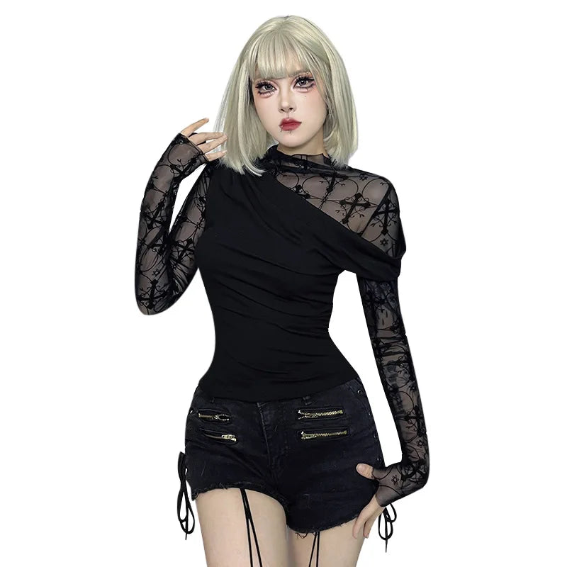 Gothic Alt Goth Y2K Cross Mesh Patchwork Shirt Top