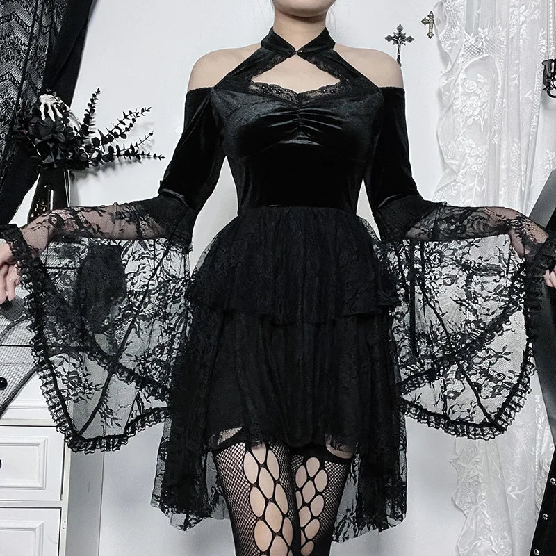 Gothic Off Shoulder Lace Bell Sleeves Velvet Dress