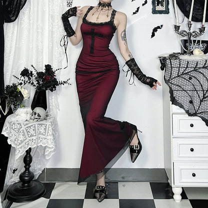 Gothic Alt Goth Cross Pattern Lace Strap Red Bodycon Dress